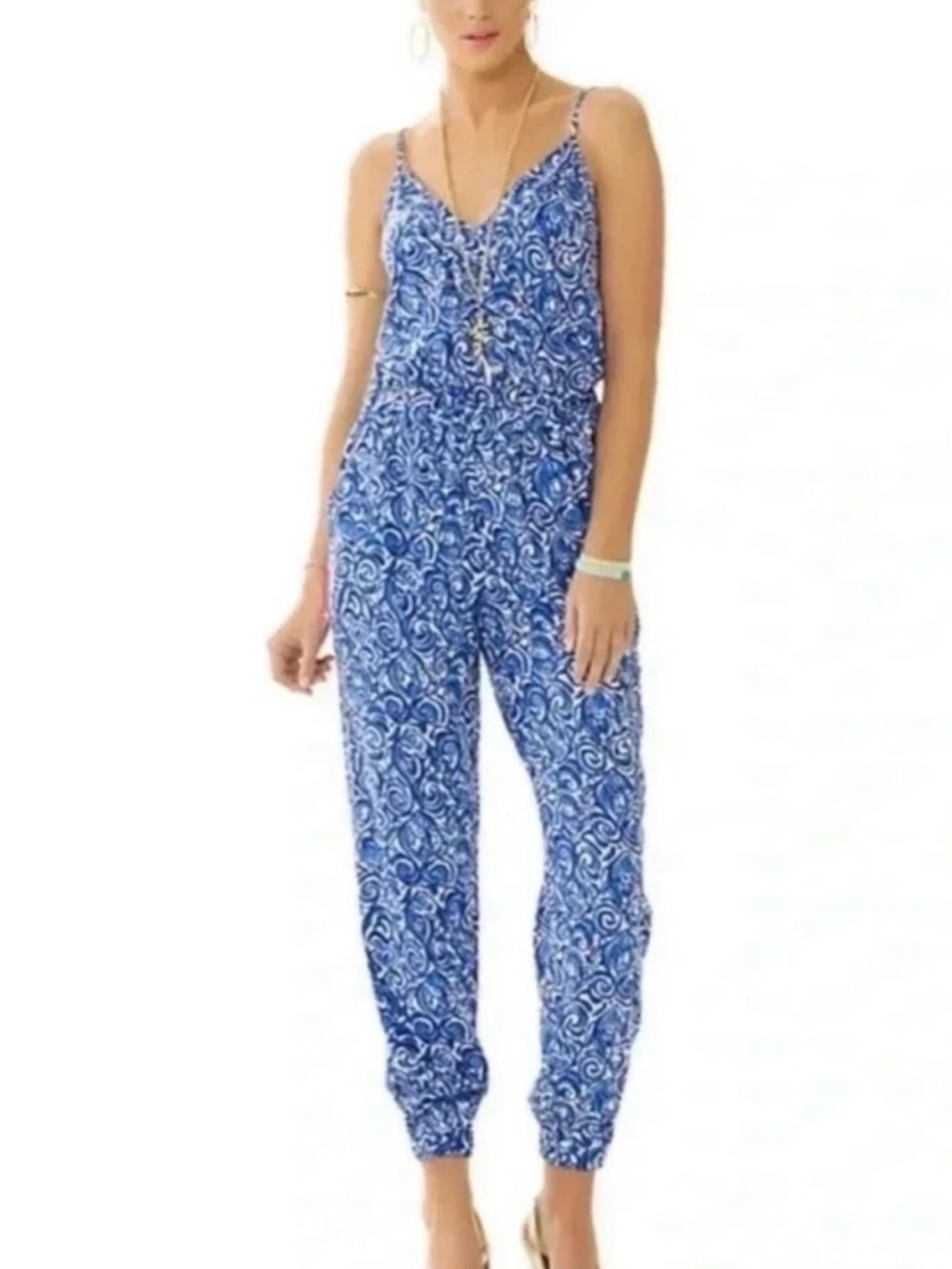 Lilly Pulitzer Blue & White Printed Spaghetti-Strap Jumpsuit